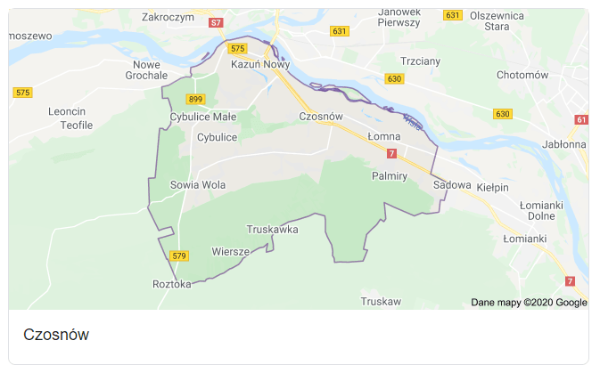 Mapa okolic gminy Czosnów - terenu działań komornika Arona Czubkowskiego