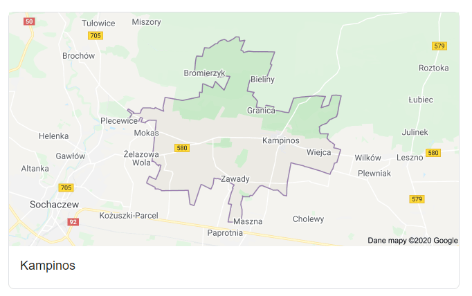 Mapa okolic gminy Kampinos - terenu działań komornika Arona Czubkowskiego