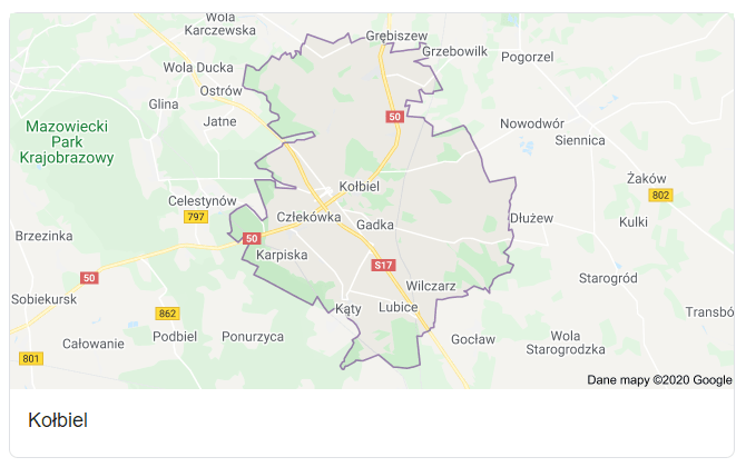 Mapa okolic gminy Kołbiel - terenu działań komornika Arona Czubkowskiego