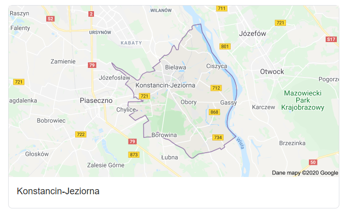 Mapa okolic gminy Konstancin-Jeziorna - terenu działań komornika Arona Czubkowskiego