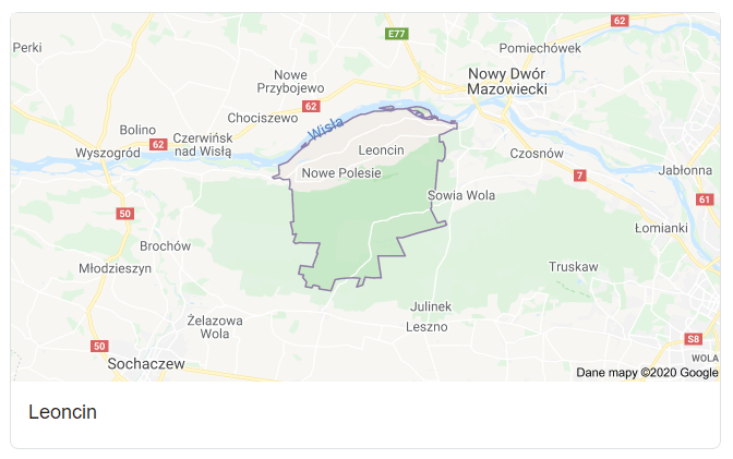 Mapa okolic gminy Leoncin - terenu działań komornika Arona Czubkowskiego