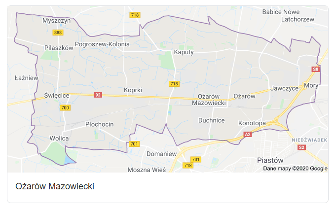 Mapa okolic gminy Ożarów Mazowiecki - terenu działań komornika Arona Czubkowskiego