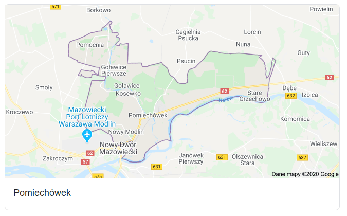 Mapa okolic gminy Pomiechówek - terenu działań komornika Arona Czubkowskiego