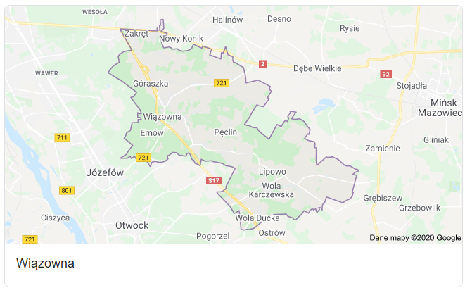 Mapa okolic gminy Wiązowna - terenu działań komornika Arona Czubkowskiego