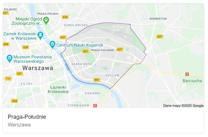 Mapa ulic dzielnicy Warszawa Praga Południe - terenu działań komornika Arona Czubkowskiego