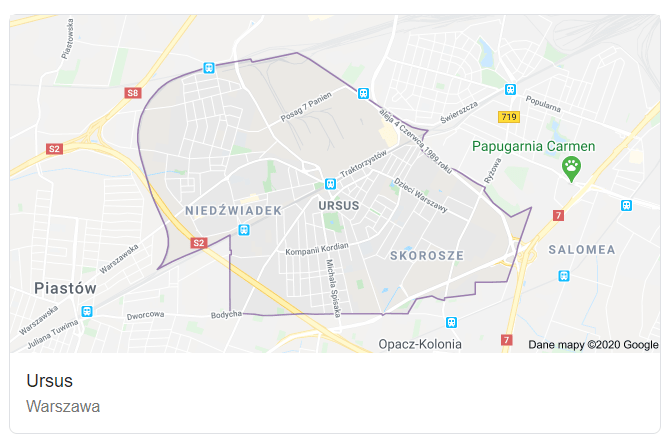 Mapa ulic dzielnicy Warszawa Ursus - terenu działań komornika Arona Czubkowskiego