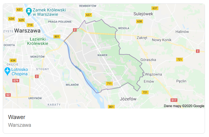 Mapa ulic dzielnicy Warszawa Wawer - terenu działań komornika Arona Czubkowskiego
