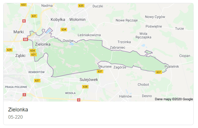Mapa okolic miasta Zielonka - terenu działań komornika Arona Czubkowskiego